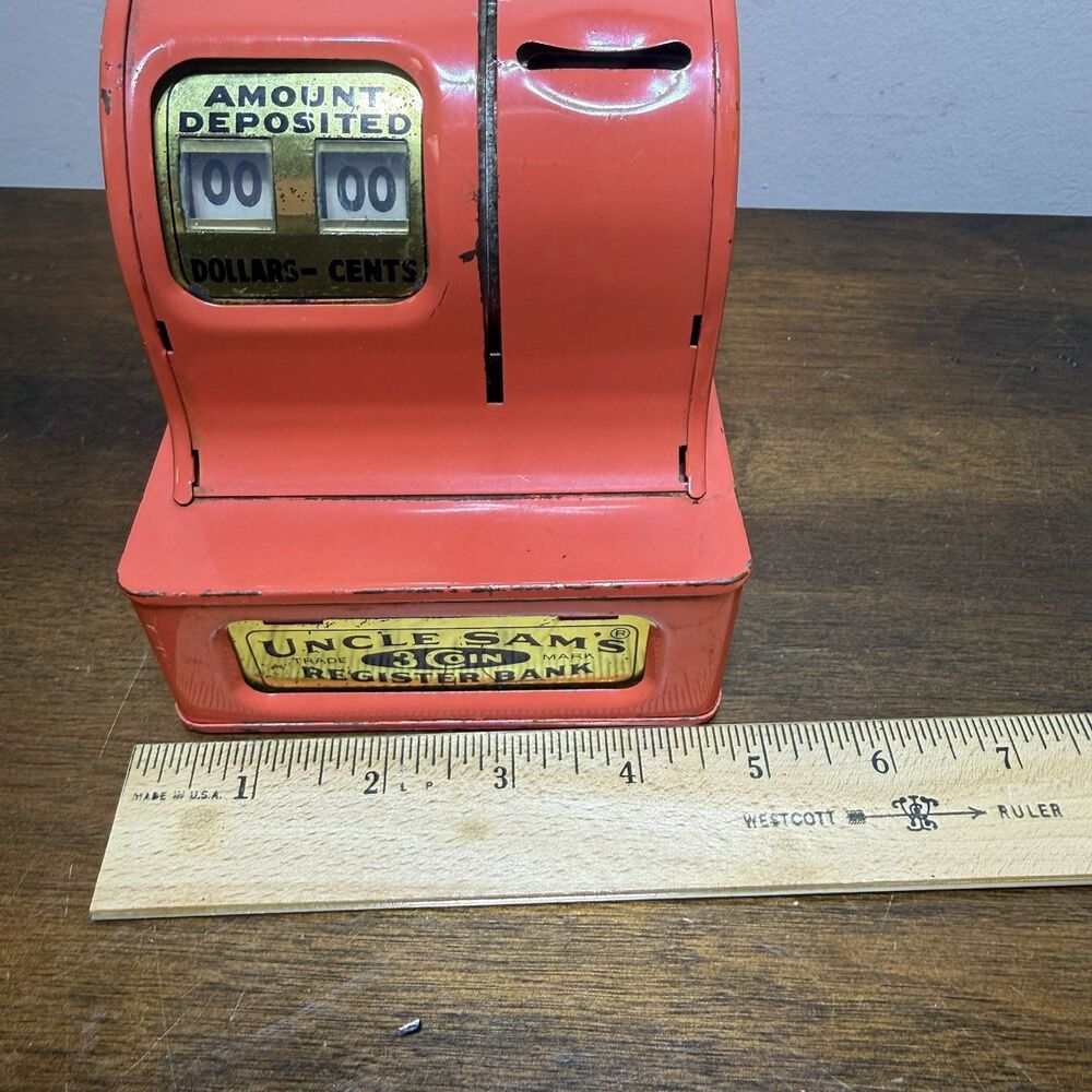 Vintage Uncle Sam’s 3 Coin Red Orange Metal Counting Register Bank - Works ! - Picture 10 of 11